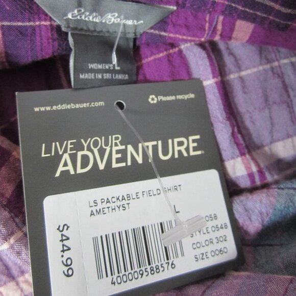 Eddie Bauer Women L Purple Plaid Live Your Adventure LS Shirt Crinkle Cotton - Picture 7 of 10